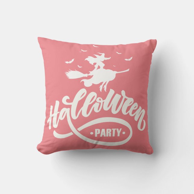 Beauty Witch Flying Broom Halloween Typography Throw Pillow (Front)