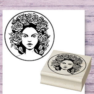 Beauty with Roses Portrait Rubber Art Stamp