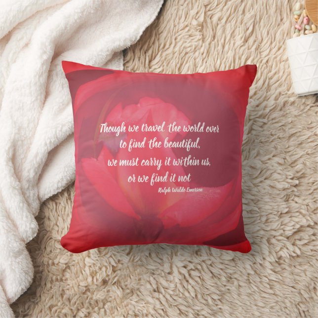 Beauty Within Pink Rose Inspirational Quote  Throw Pillow (Blanket)