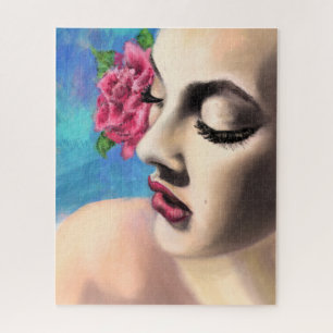 Beauty Woman with Red Rose - Original Painting Art Jigsaw Puzzle