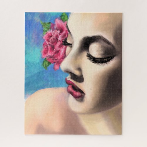 Beauty Woman with Red Rose _ Original Painting Art Jigsaw Puzzle