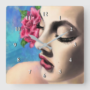Beauty Woman with Red Rose - Original Painting Art Square Wall Clock