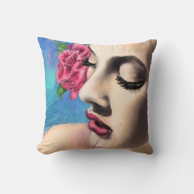Beauty Woman with Red Rose - Original Painting Art Throw Pillow (Front)