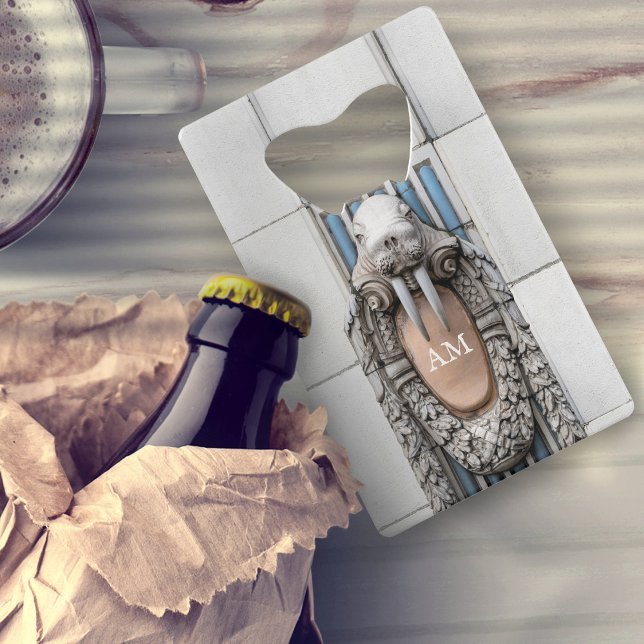 Beaux Arts Walrus Sculpture Custom Monogram Credit Card Bottle Opener (Creator Uploaded)