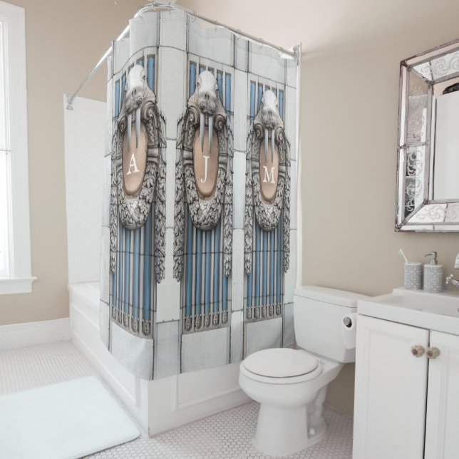 Beaux Arts Walrus Sculpture Custom Monogram Shower Curtain (In Situ)