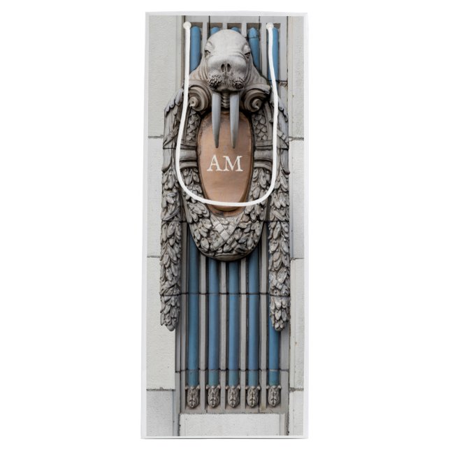Beaux Arts Walrus Sculpture Custom Monogram Wine Gift Bag (Front)