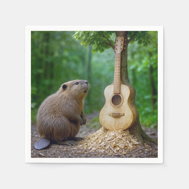 Beaver Admiring Its Guitar Tree Carving Napkins (Front)