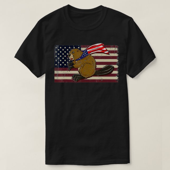 Beaver American Flag  T-Shirt (Design Front)