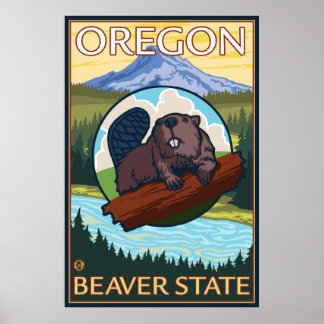 Beaver and Mount Hood Scene - Oregon Poster