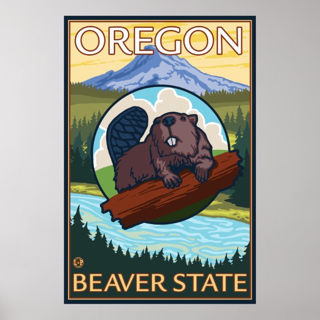 Beaver and Mount Hood Scene - Oregon Poster (Front)