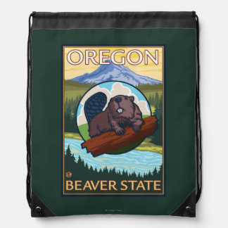 Beaver and Mount Hood Scene Vintage Travel Drawstring Bag