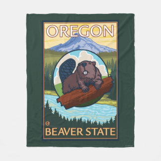 Beaver and Mount Hood Scene Vintage Travel Fleece Blanket
