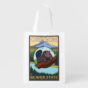 Beaver and Mount Hood Scene Vintage Travel Grocery Bag