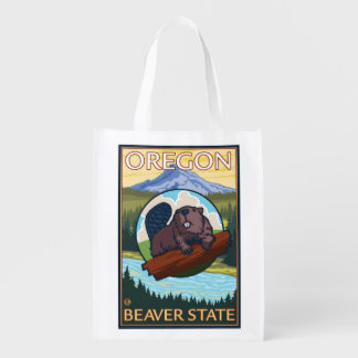 Beaver and Mount Hood Scene Vintage Travel Grocery Bag