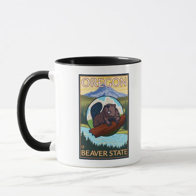 Beaver and Mount Hood Scene Vintage Travel Mug (Left)