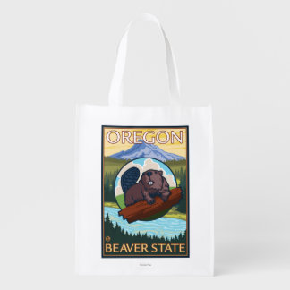 Beaver and Mount Hood Scene Vintage Travel Reusable Grocery Bag