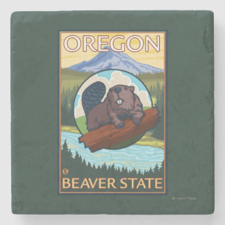 Beaver and Mount Hood Scene Vintage Travel Stone Coaster