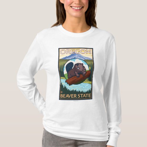 Beaver and Mount Hood Scene Vintage Travel T_Shirt