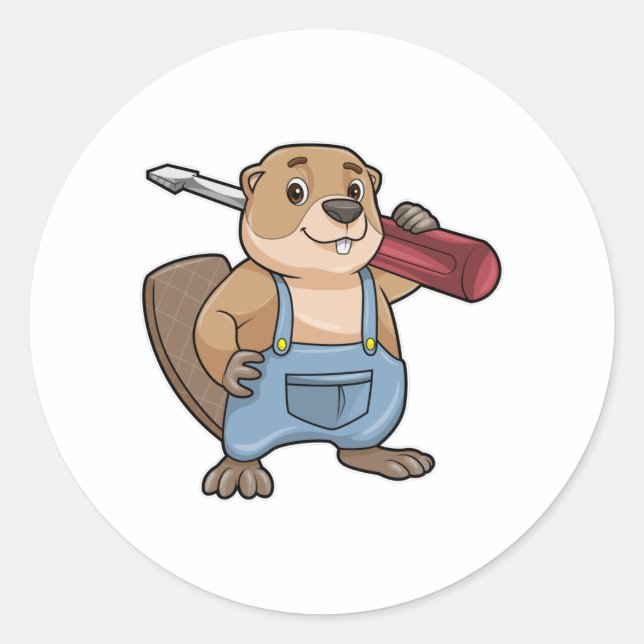 Beaver as Craftsman with Slotted screwdriver Classic Round Sticker (Front)