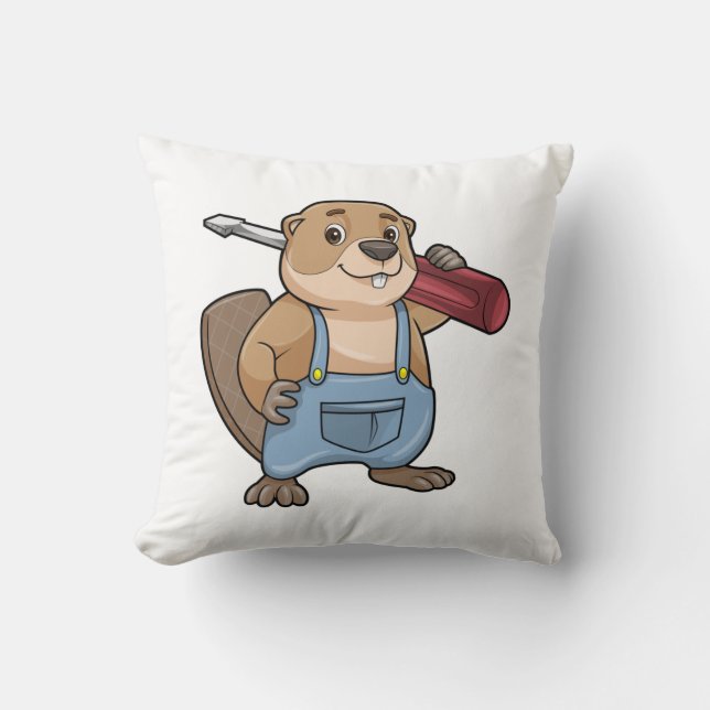 Beaver as Craftsman with Wrench Throw Pillow (Front)