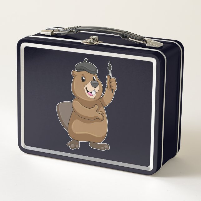Beaver as Painter with Paint brush Metal Lunch Box (Front)