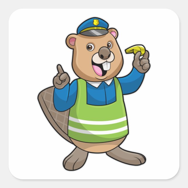 Beaver as Police officer with Whistle Square Sticker (Front)