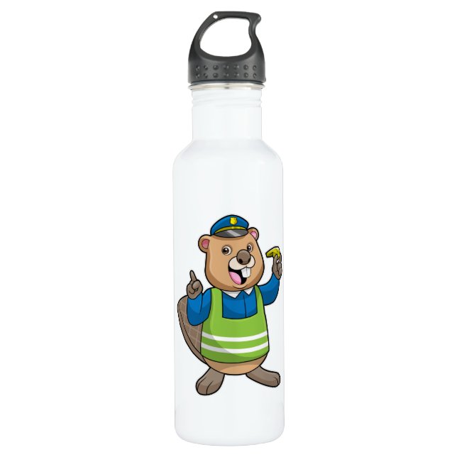 Beaver as Police officer with Whistle Stainless Steel Water Bottle (Front)