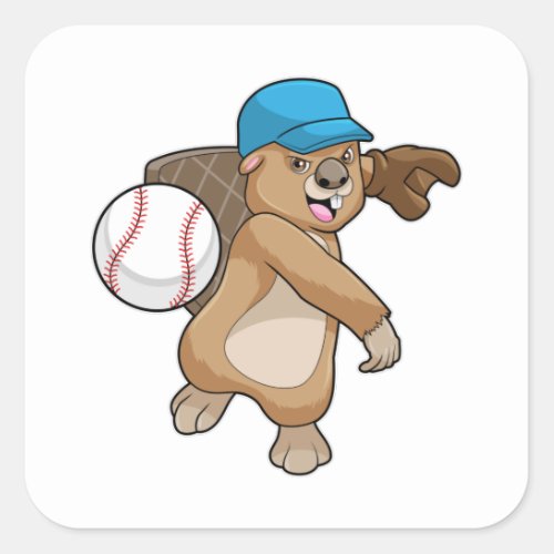 Beaver at Baseball Sports with Cap Square Sticker
