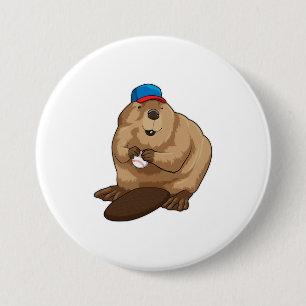 Beaver at Baseball with Baseball ball Button