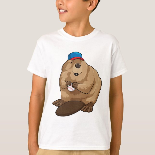 Beaver at Baseball with Baseball ball T-Shirt (Front)
