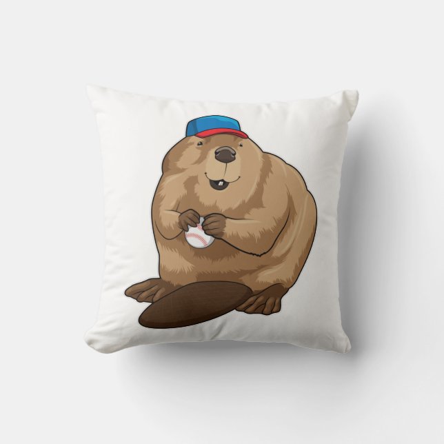 Beaver at Baseball with Baseball ball Throw Pillow (Front)