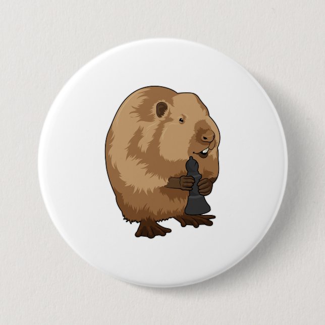 Beaver at Chess with Chess piece Bishop Button (Front)