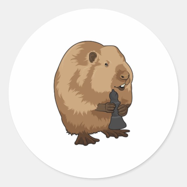Beaver at Chess with Chess piece Bishop Classic Round Sticker (Front)