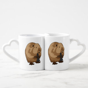 Beaver at Chess with Chess piece Bishop Coffee Mug Set
