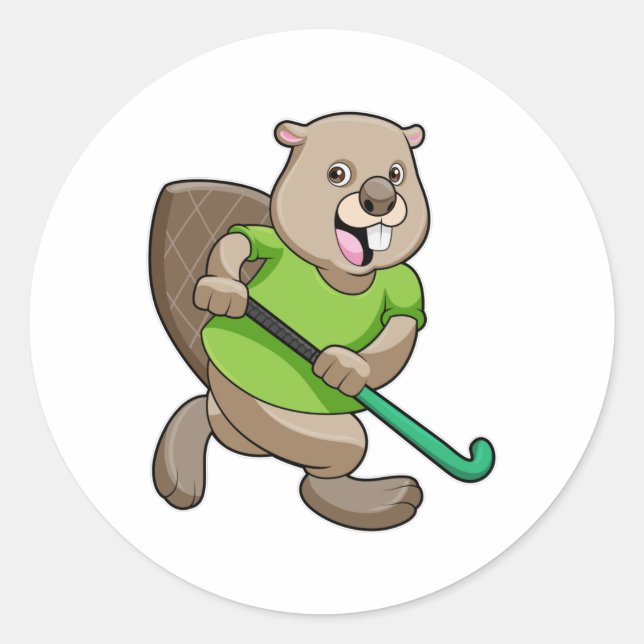 Beaver at Hockey with Hockey bat Classic Round Sticker (Front)