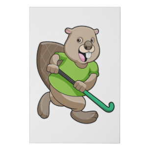 Beaver at Hockey with Hockey bat Faux Canvas Print