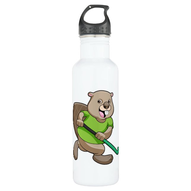 Beaver at Hockey with Hockey bat Stainless Steel Water Bottle (Front)