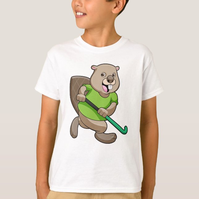 Beaver at Hockey with Hockey bat T-Shirt (Front)