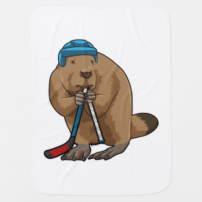 Beaver at Ice hockey with Ice hockey stick Baby Blanket (Front)