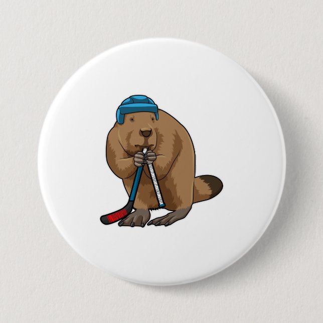 Beaver at Ice hockey with Ice hockey stick Button (Front)
