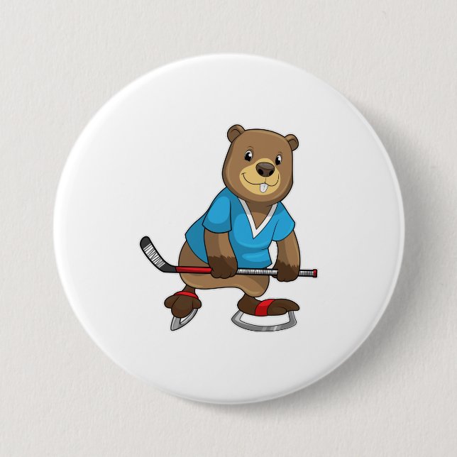 Beaver at Ice hockey with Ice hockey stick Button (Front)