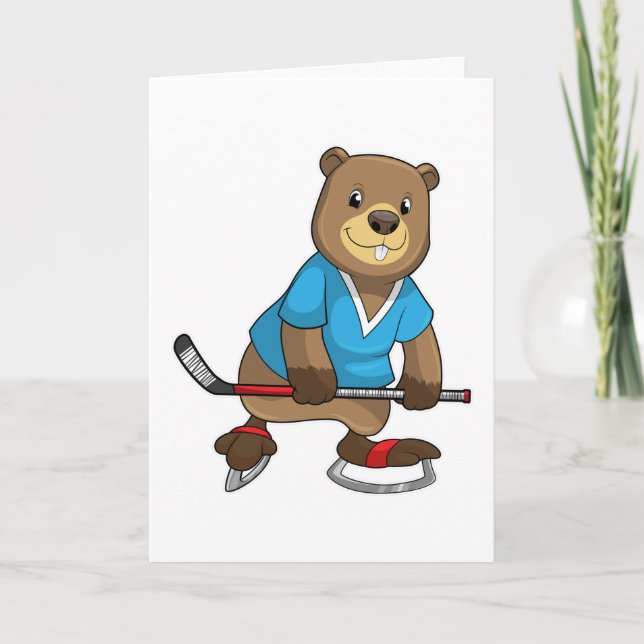 Beaver at Ice hockey with Ice hockey stick Card (Front)