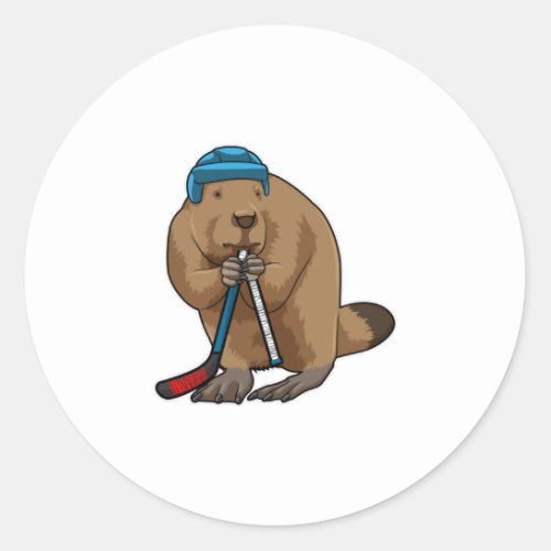 Beaver at Ice hockey with Ice hockey stick Classic Round Sticker