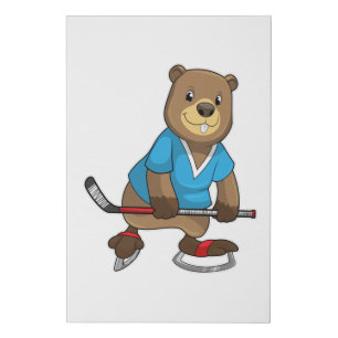 Beaver at Ice hockey with Ice hockey stick Faux Canvas Print