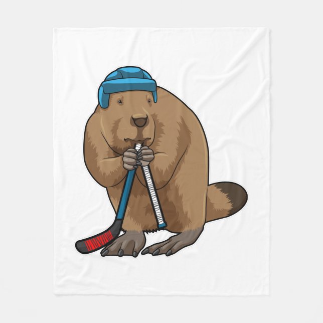 Beaver at Ice hockey with Ice hockey stick Fleece Blanket (Front)