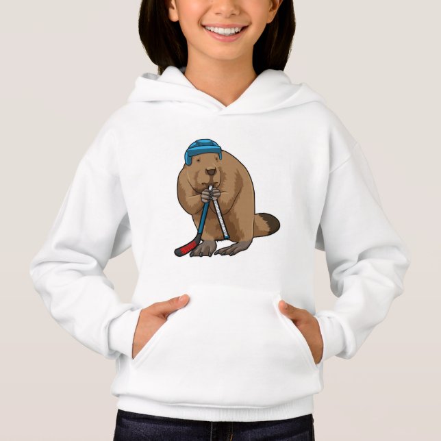 Beaver at Ice hockey with Ice hockey stick Hoodie (Front)