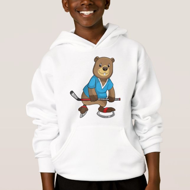 Beaver at Ice hockey with Ice hockey stick Hoodie (Front)