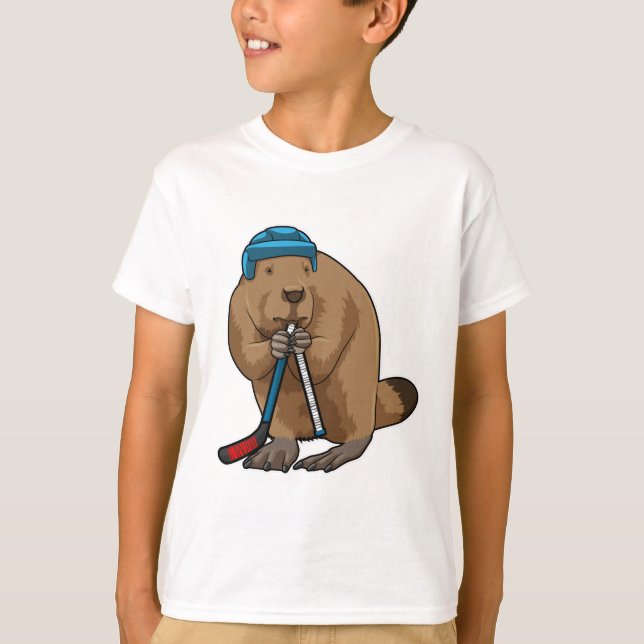 Beaver at Ice hockey with Ice hockey stick T-Shirt (Front)