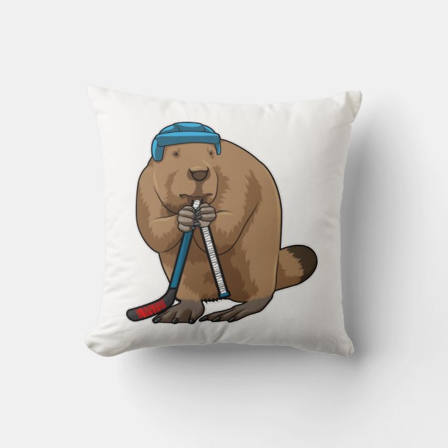 Beaver at Ice hockey with Ice hockey stick Throw Pillow (Front)