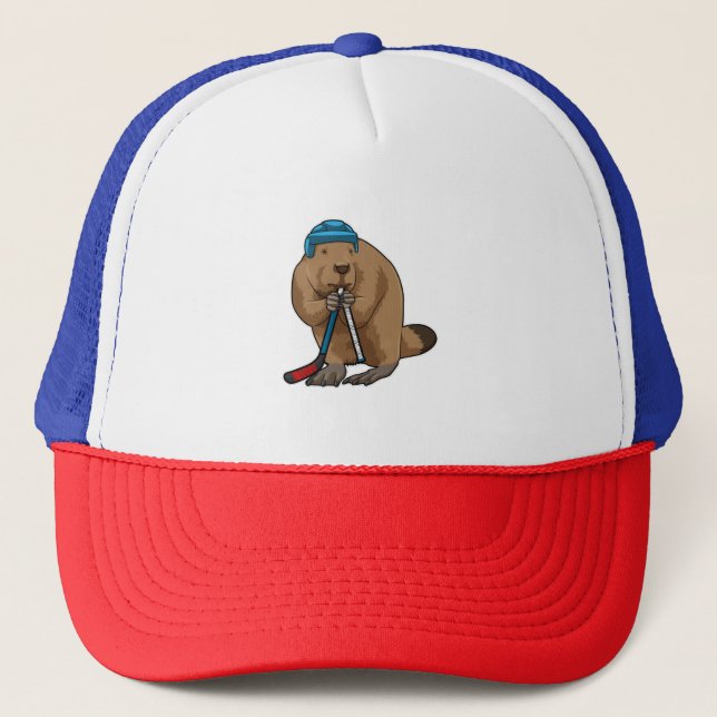 Beaver at Ice hockey with Ice hockey stick Trucker Hat (Front)